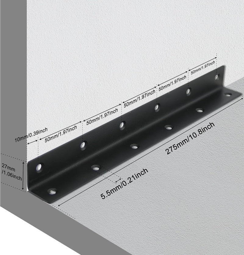 Redunest L Bracket, Heavy Duty Corner Brace, 10 Pack 10.8" Metal Shelf Bracket Angle Bracket for Shelves, Black Metal Braces for Wood,275mm Overall Length - Image 2
